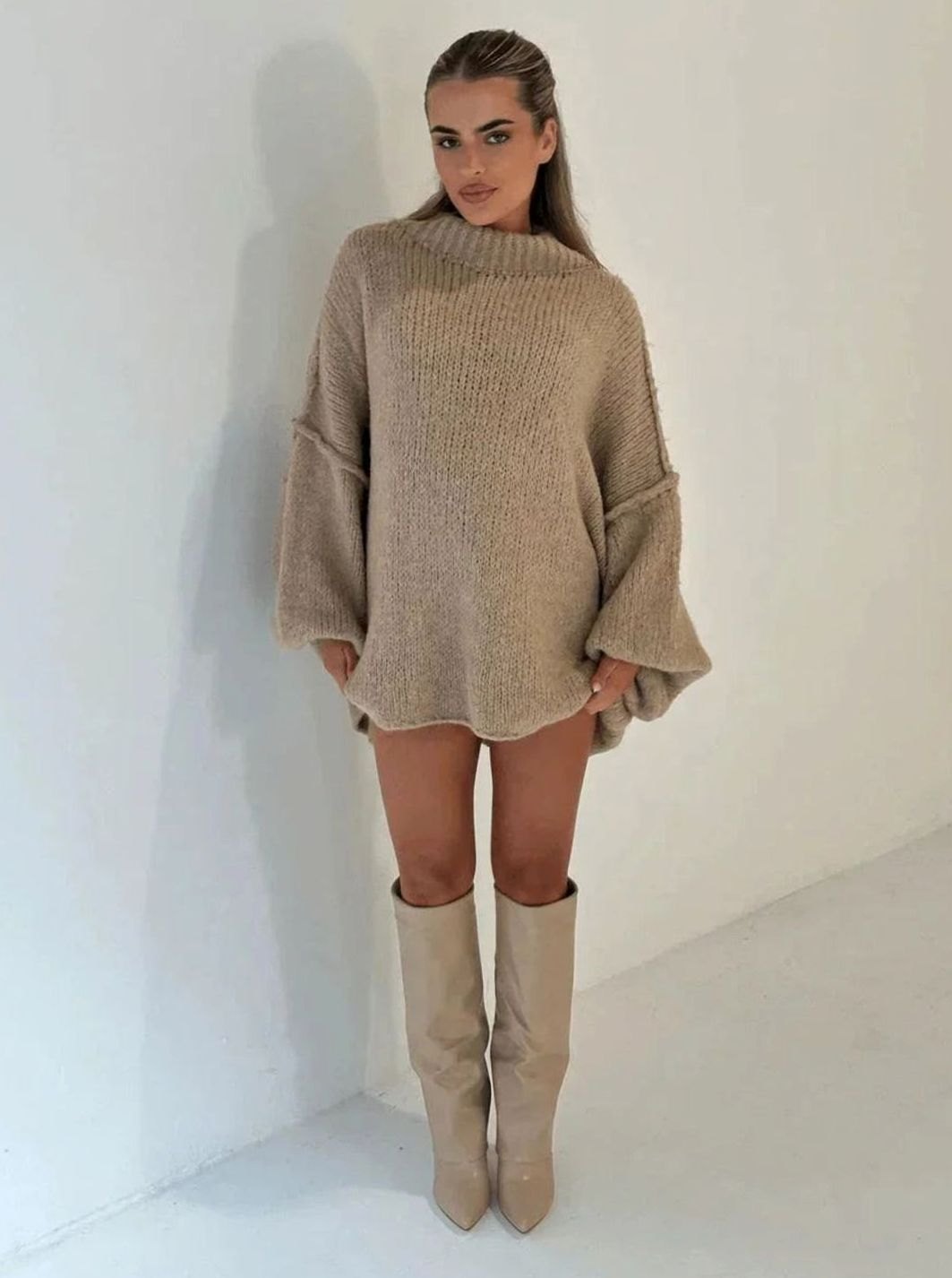 Women's Loose Knit Sweater Oversized Mock-Neck Pullover - Toffee