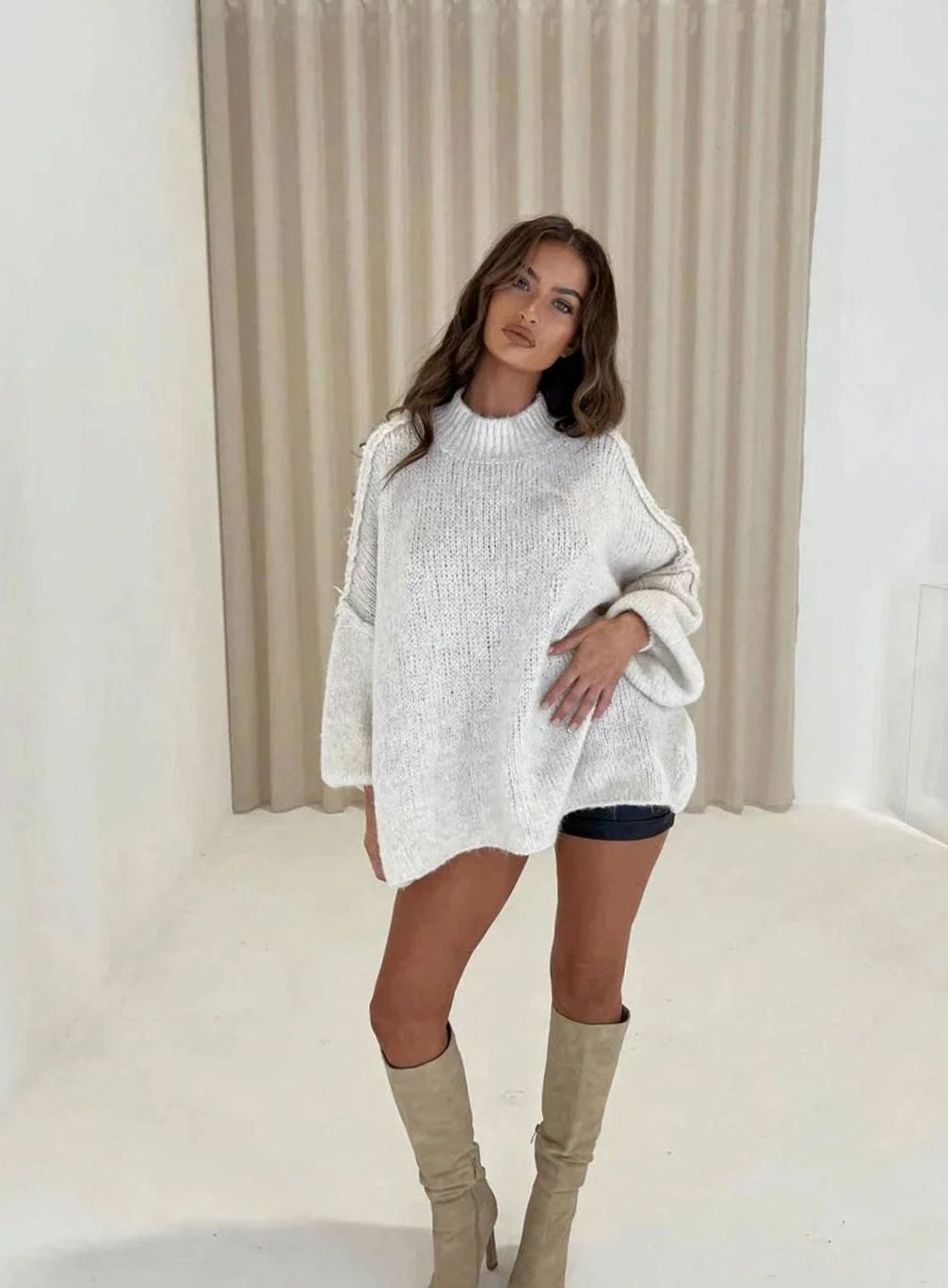Women's Loose Knit Sweater Oversized Mock-Neck Pullover