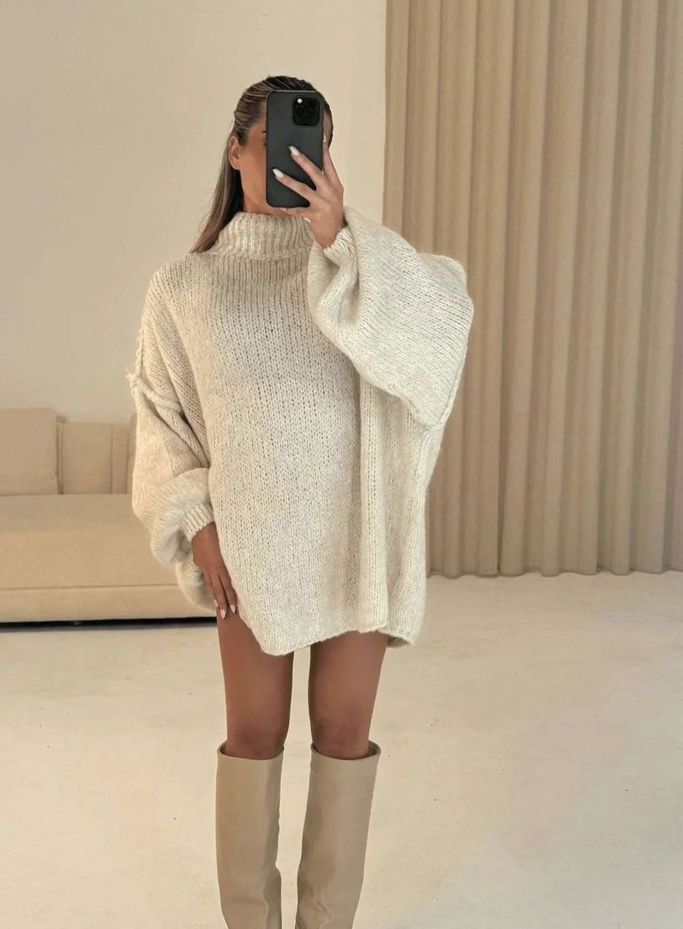 Women's Loose Knit Sweater Oversized Mock-Neck Pullover