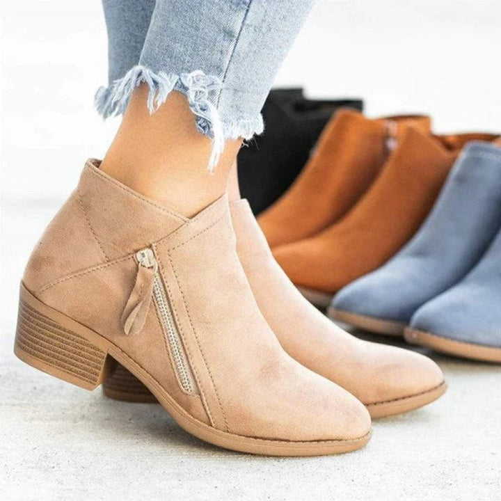 Women's Low-Heel Suede Side-Zip Ankle Boots - Beige