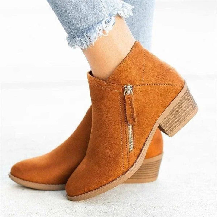 Women's Low-Heel Suede Side-Zip Ankle Boots - Orange