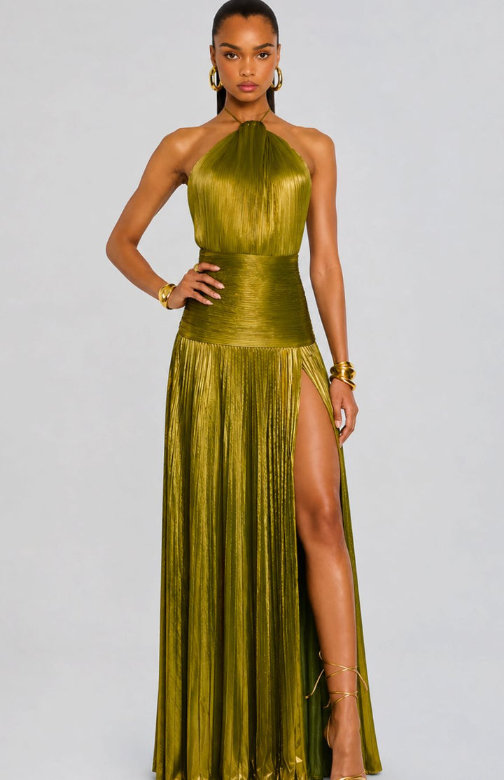 Women's Metallic Halter Maxi Dress Pleated High-Slit Backless Gown - Gold