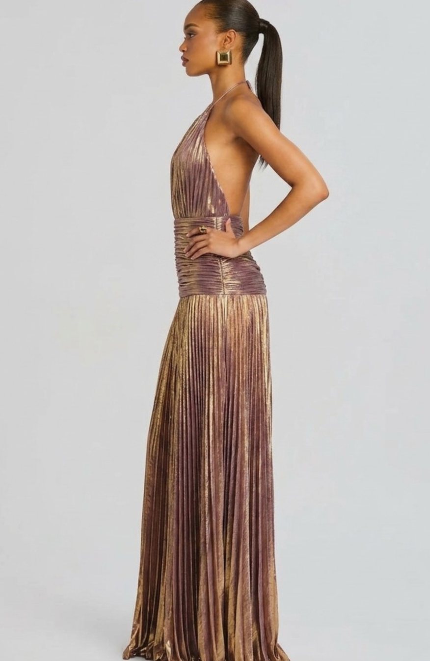 Women's Metallic Halter Maxi Dress Pleated High-Slit Backless Gown