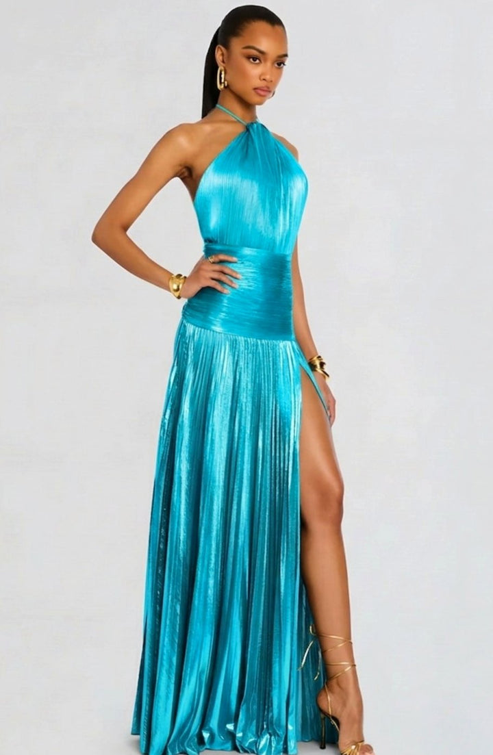 Women's Metallic Halter Maxi Dress Pleated High-Slit Backless Gown