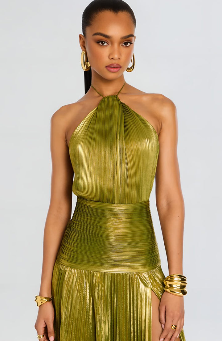 Women's Metallic Halter Maxi Dress Pleated High-Slit Backless Gown