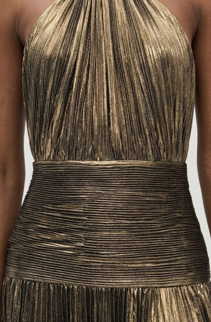 Women's Metallic Halter Maxi Dress Pleated High-Slit Backless Gown