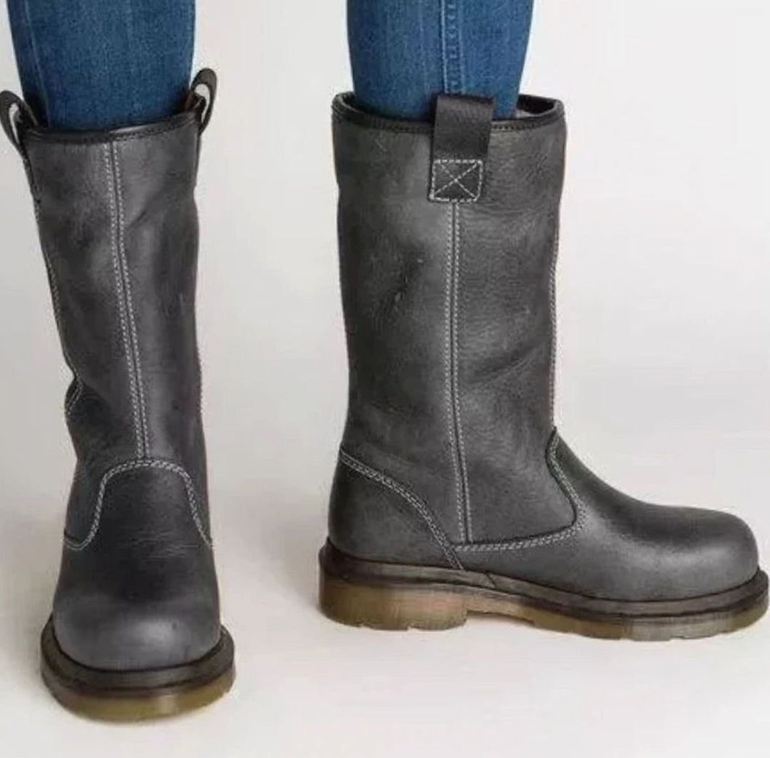 Women's Mid-Calf Pull-On Lined Leather Boots - Grey