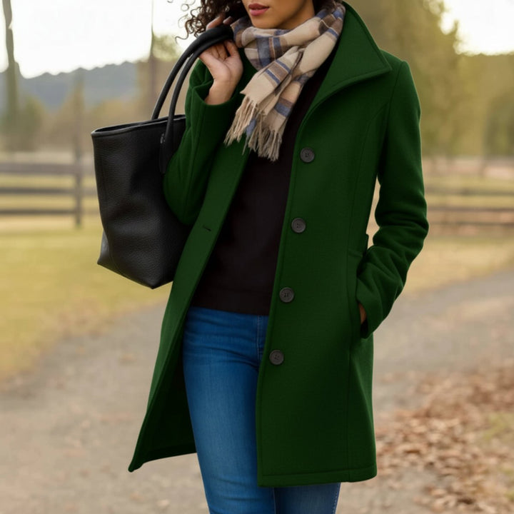 Women's Mid-Length Button-Front Wool-Blend Coat - Dark Green