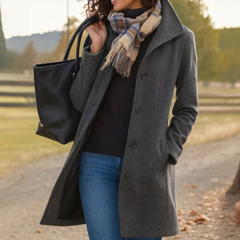 Women's Mid-Length Button-Front Wool-Blend Coat - Grey
