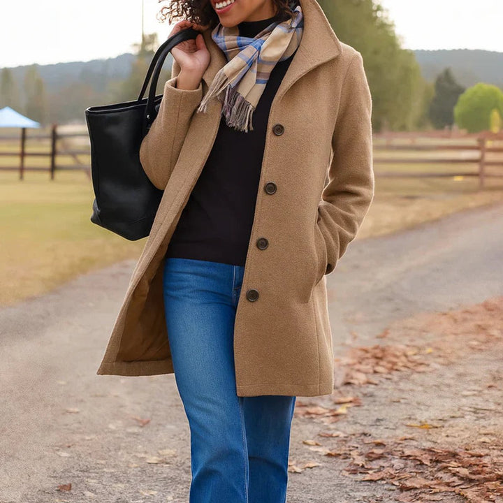 Women's Mid-Length Button-Front Wool-Blend Coat - Khaki