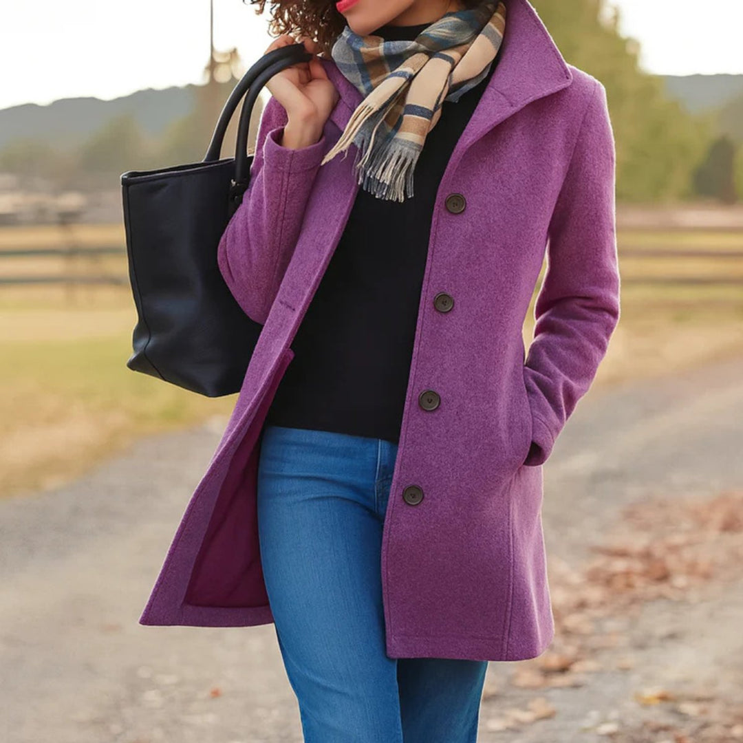 Women's Mid-Length Button-Front Wool-Blend Coat - Purple