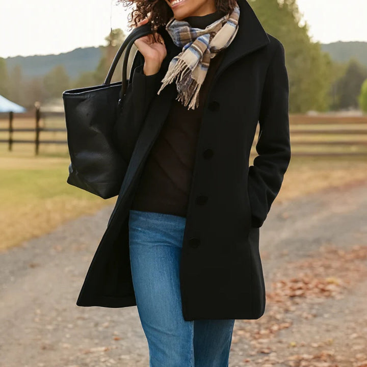 Women's Mid-Length Button-Front Wool-Blend Coat - Black
