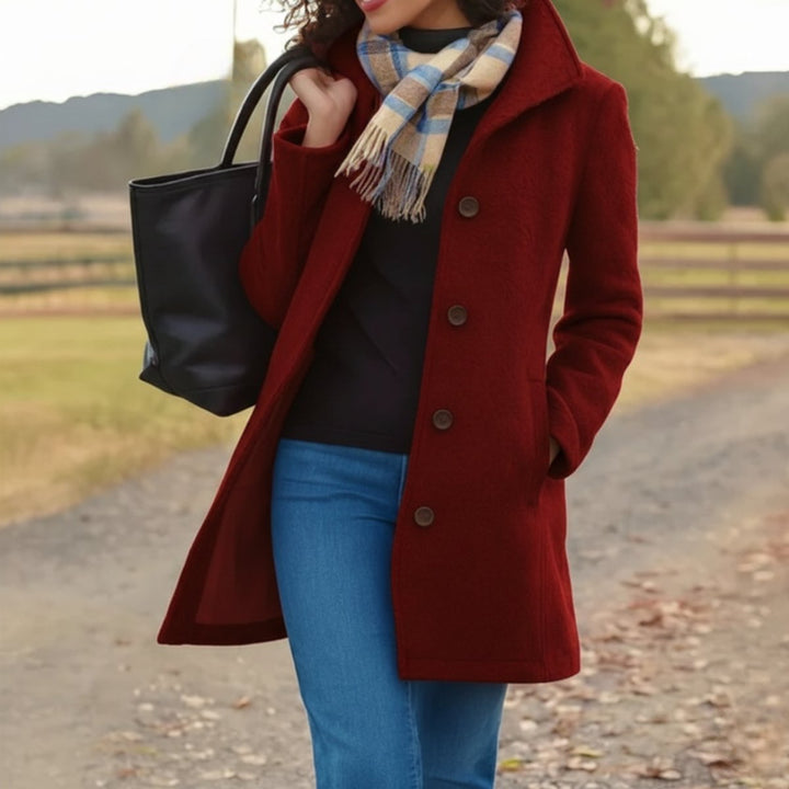 Women's Mid-Length Button-Front Wool-Blend Coat - Red