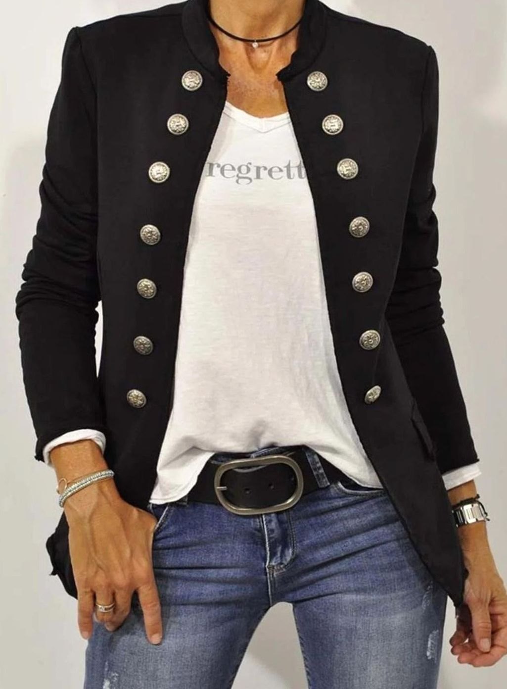 Women's Military-Style Double-Breasted Stand-Collar Coat Blazer - Black