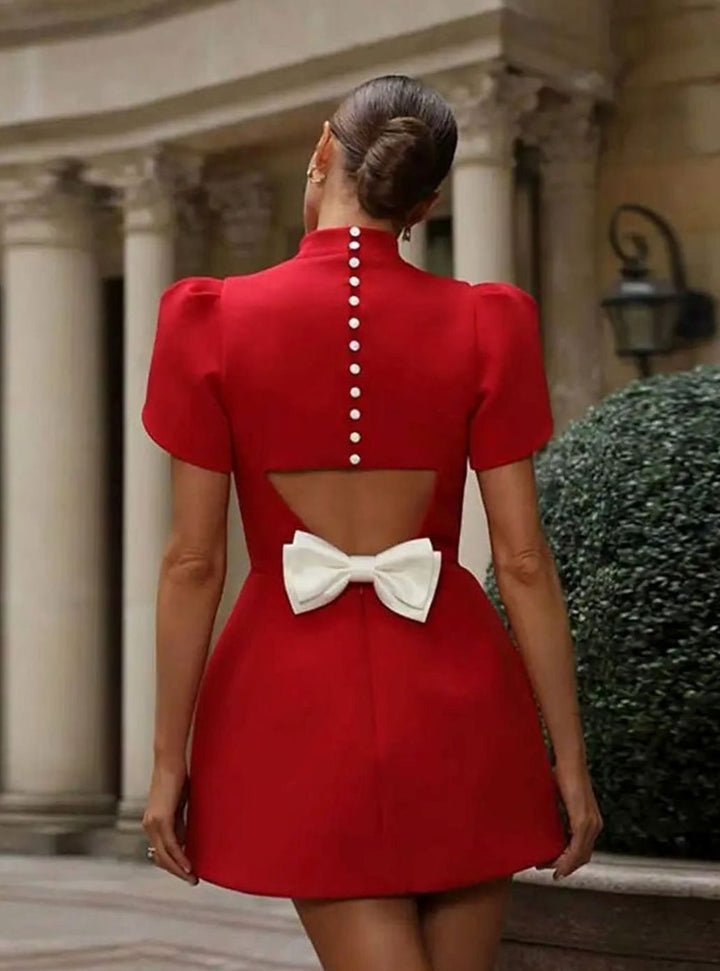 Women's Mock-Neck Puff-Sleeve Slim-Fit Party Mini Dress