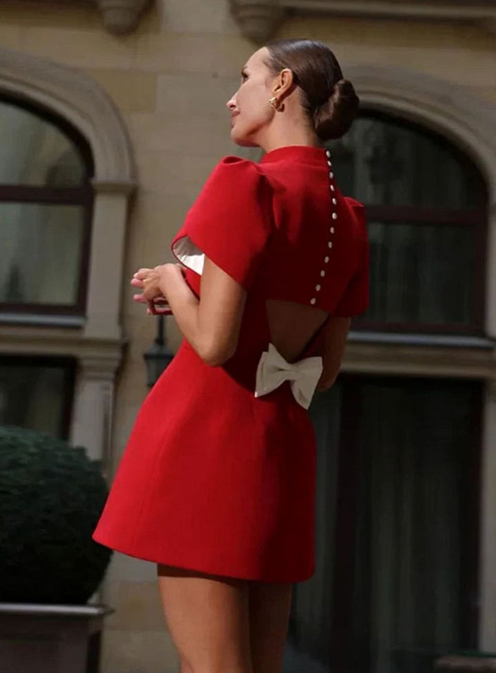 Women's Mock-Neck Puff-Sleeve Slim-Fit Party Mini Dress