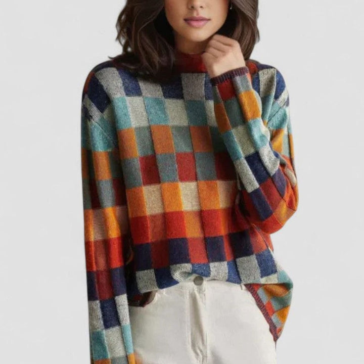 Women's Multicolour Checked Mock-Neck Pullover Sweater - Multicoloured