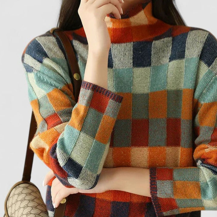 Women's Multicolour Checked Mock-Neck Pullover Sweater