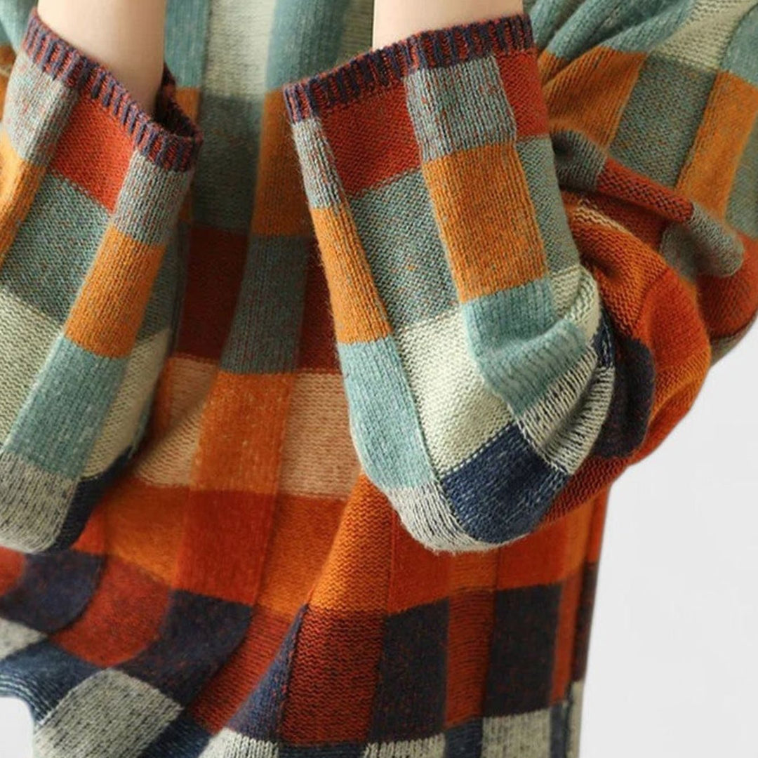 Women's Multicolour Checked Mock-Neck Pullover Sweater