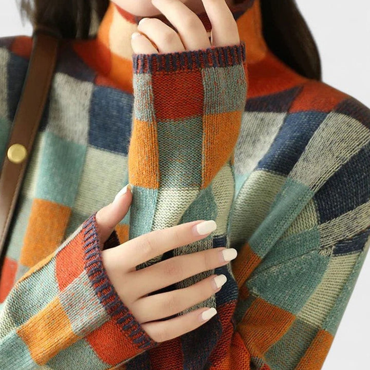 Women's Multicolour Checked Mock-Neck Pullover Sweater