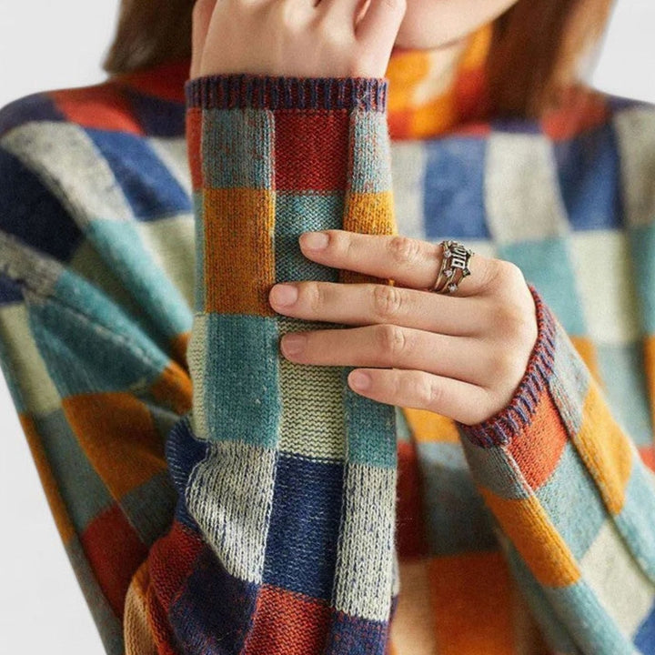 Women's Multicolour Checked Mock-Neck Pullover Sweater