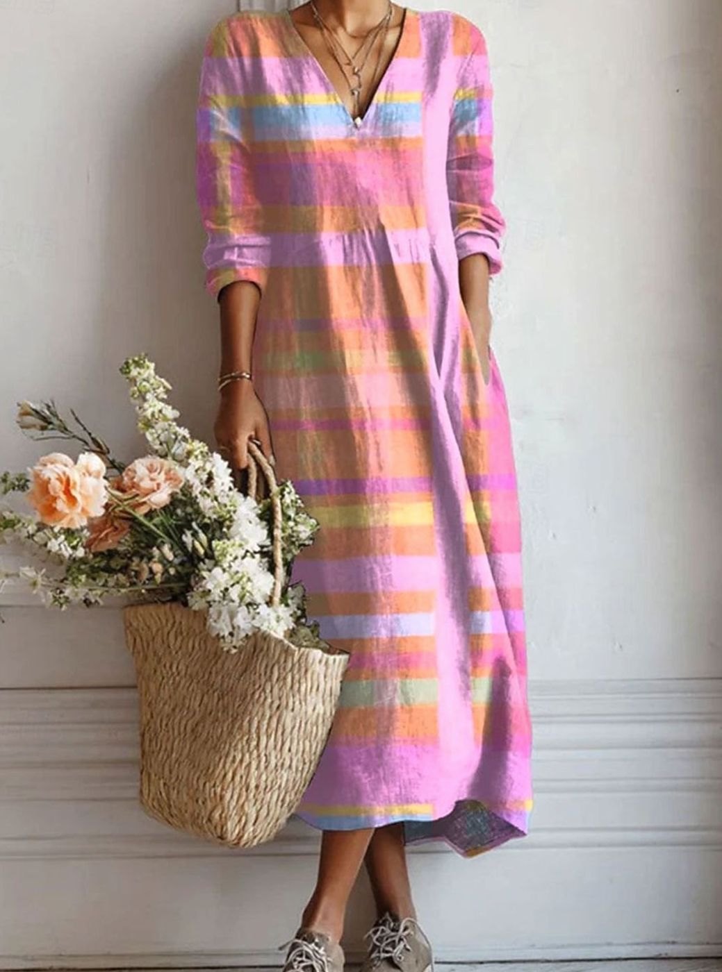 Women's Multicolour Plaid Long Sleeve Relaxed-Fit Midi Day Dress - Dress