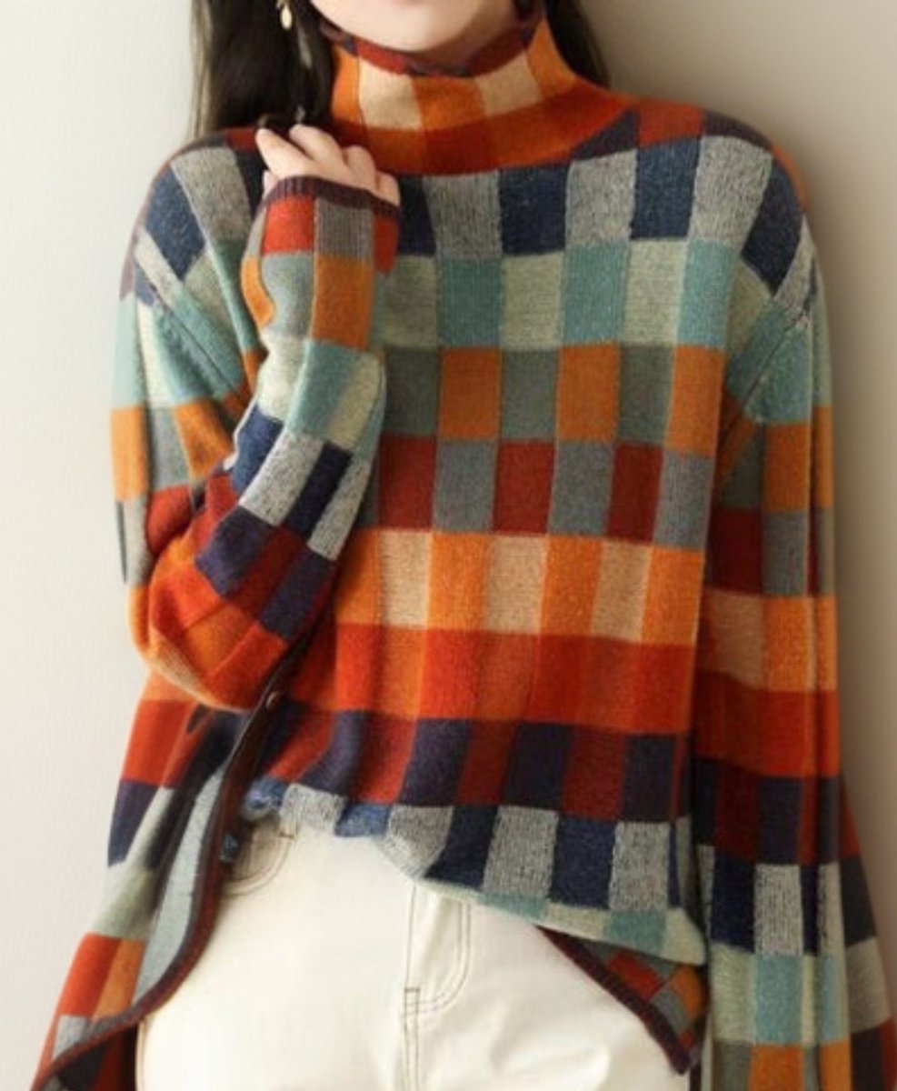 Women's Multicolour Plaid Turtleneck Knit Sweater