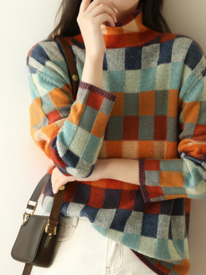 Women's Multicolour Plaid Turtleneck Knit Sweater