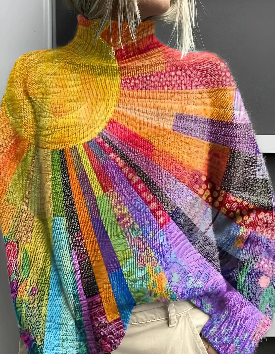 Women's Multicolour Turtleneck Rainbow Knit Pullover Sweater
