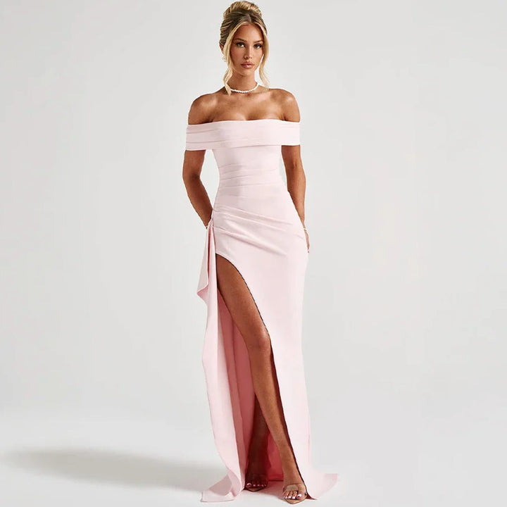 Women's Off-Shoulder Ruched High-Slit Maxi Dress - Pink