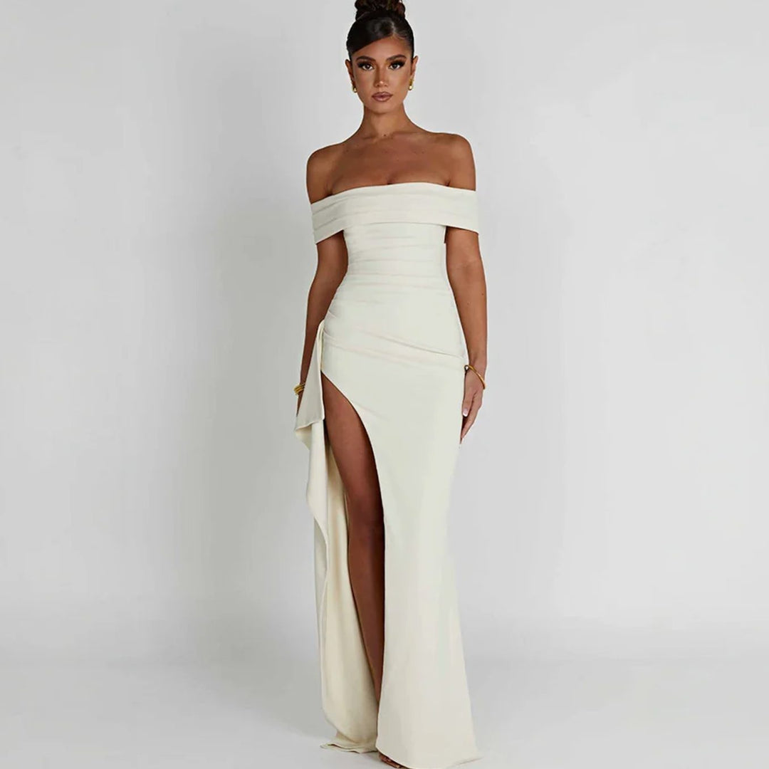Women's Off-Shoulder Ruched High-Slit Maxi Dress - White