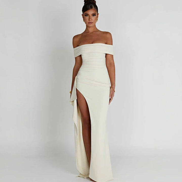 Women's Off-Shoulder Ruched High-Slit Maxi Dress - White
