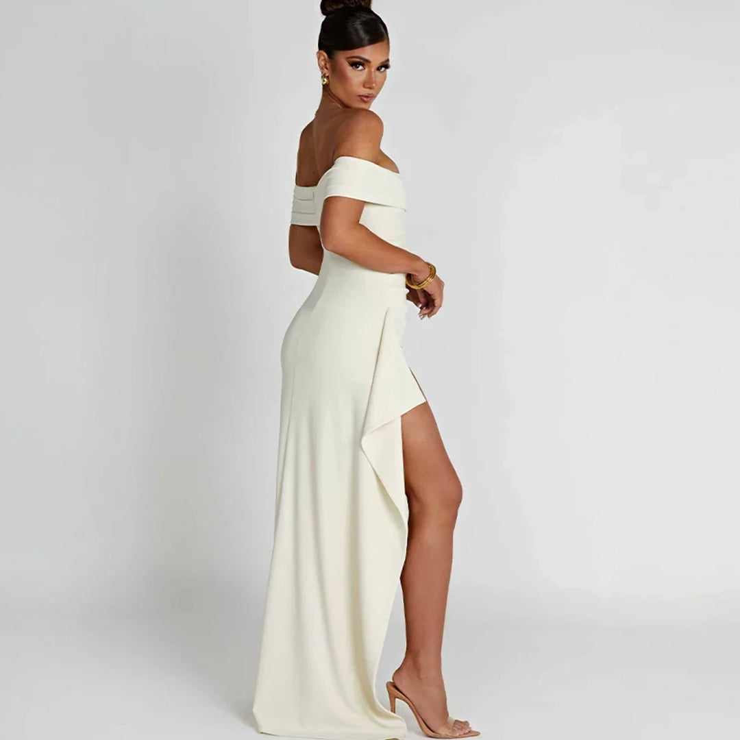 Women's Off-Shoulder Ruched High-Slit Maxi Dress