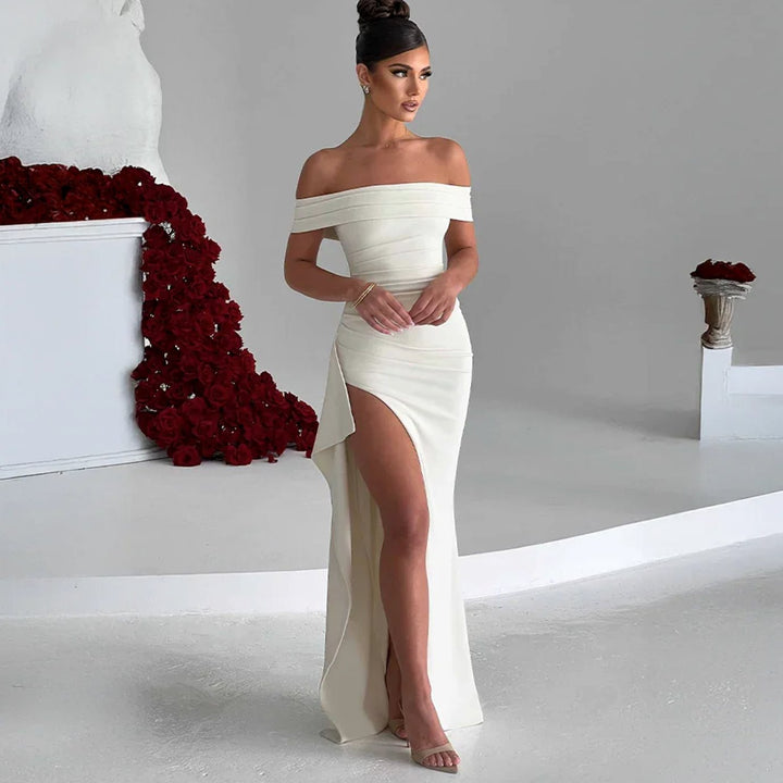 Women's Off-Shoulder Ruched High-Slit Maxi Dress