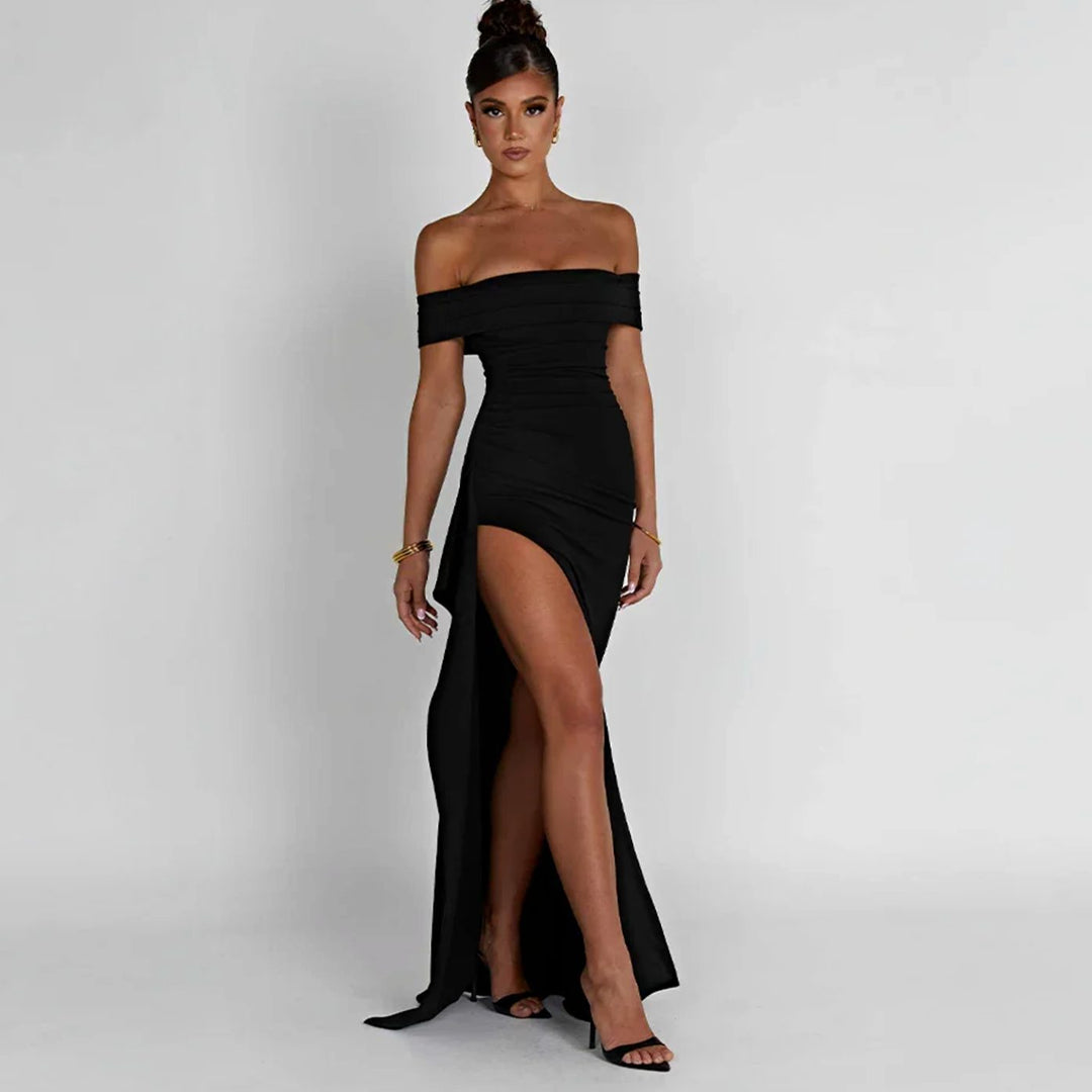 Women's Off-Shoulder Ruched High-Slit Maxi Dress - Black