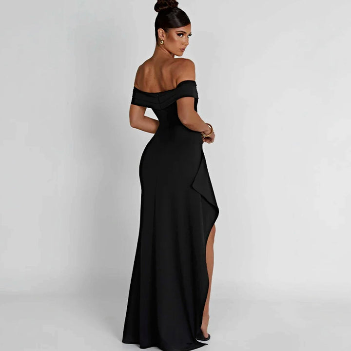Women's Off-Shoulder Ruched High-Slit Maxi Dress