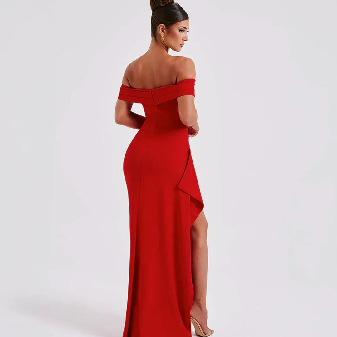Women's Off-Shoulder Ruched High-Slit Maxi Dress