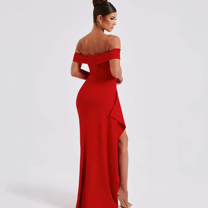 Women's Off-Shoulder Ruched High-Slit Maxi Dress