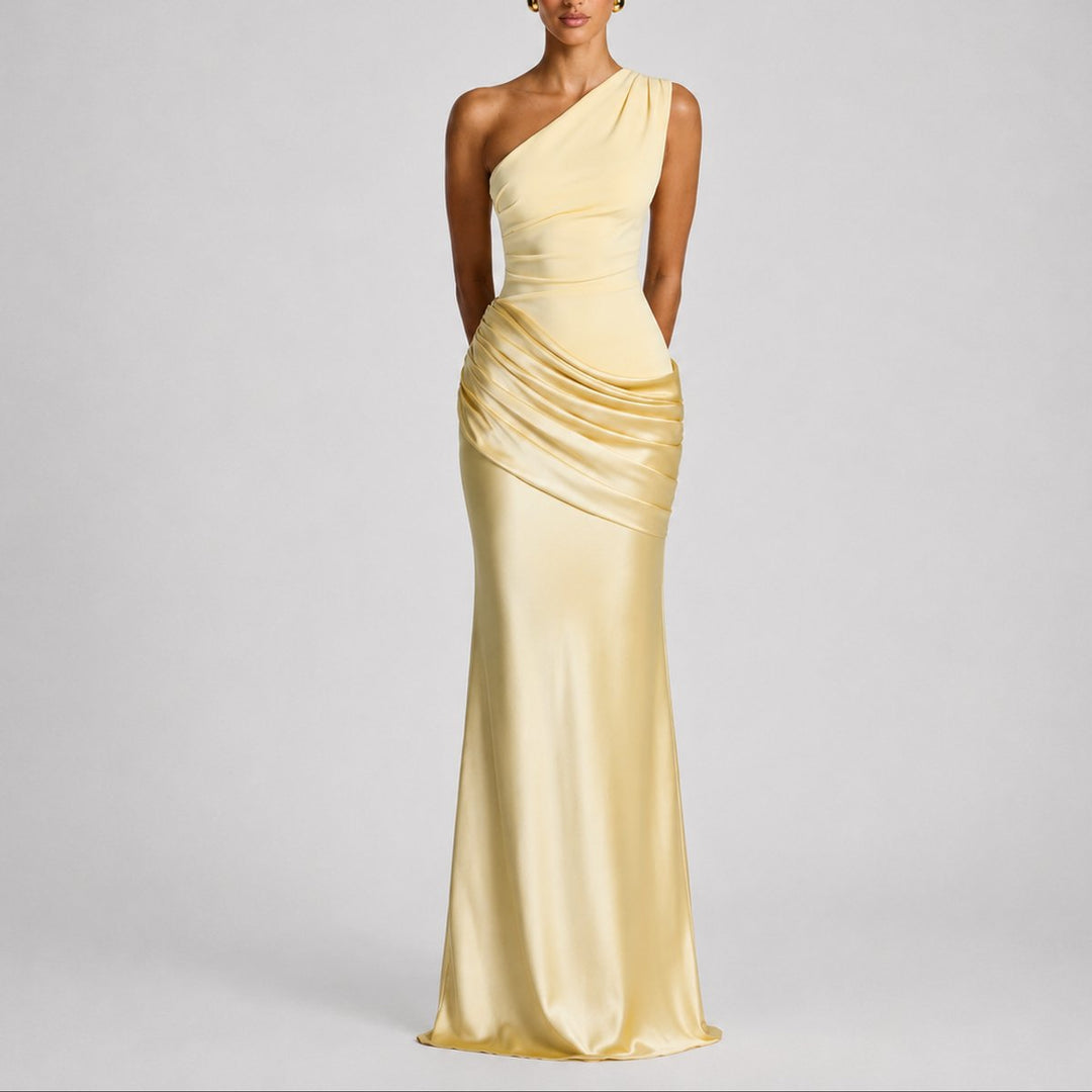 Women's One Shoulder Draped Satin Fall Wedding Guest Maxi Dress - Yellow