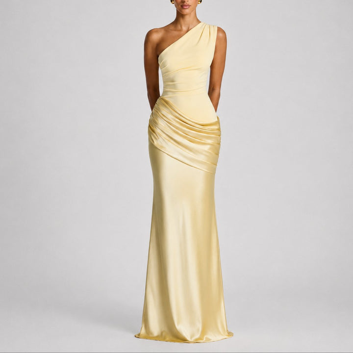 Women's One Shoulder Draped Satin Fall Wedding Guest Maxi Dress - Yellow