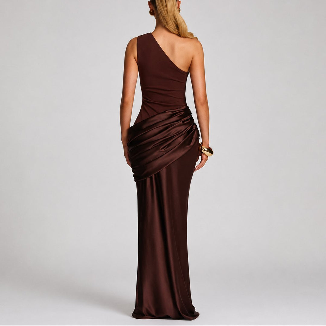 Women's One Shoulder Draped Satin Fall Wedding Guest Maxi Dress