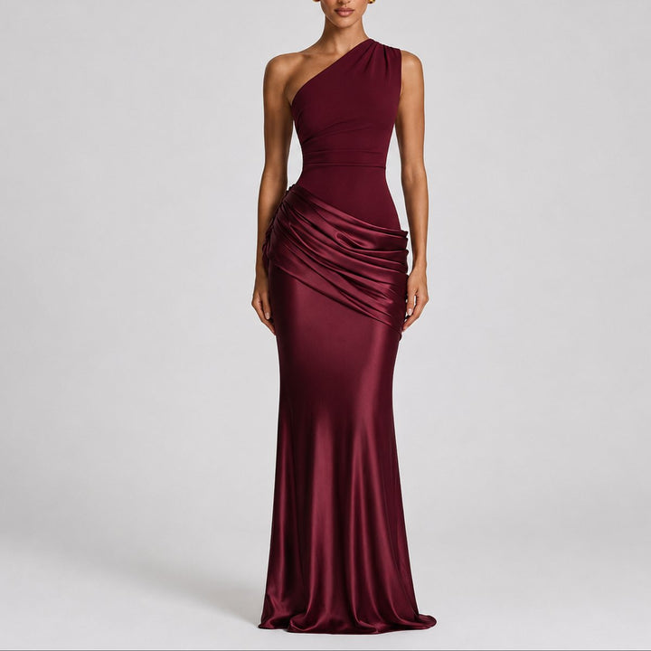 Women's One Shoulder Draped Satin Fall Wedding Guest Maxi Dress - Red