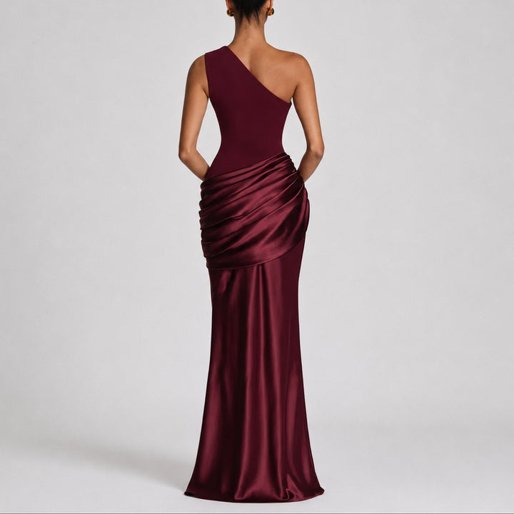 Women's One Shoulder Draped Satin Fall Wedding Guest Maxi Dress