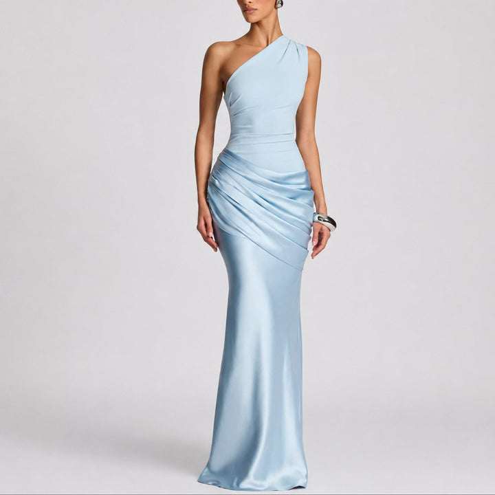 Women's One Shoulder Draped Satin Fall Wedding Guest Maxi Dress - Light Blue