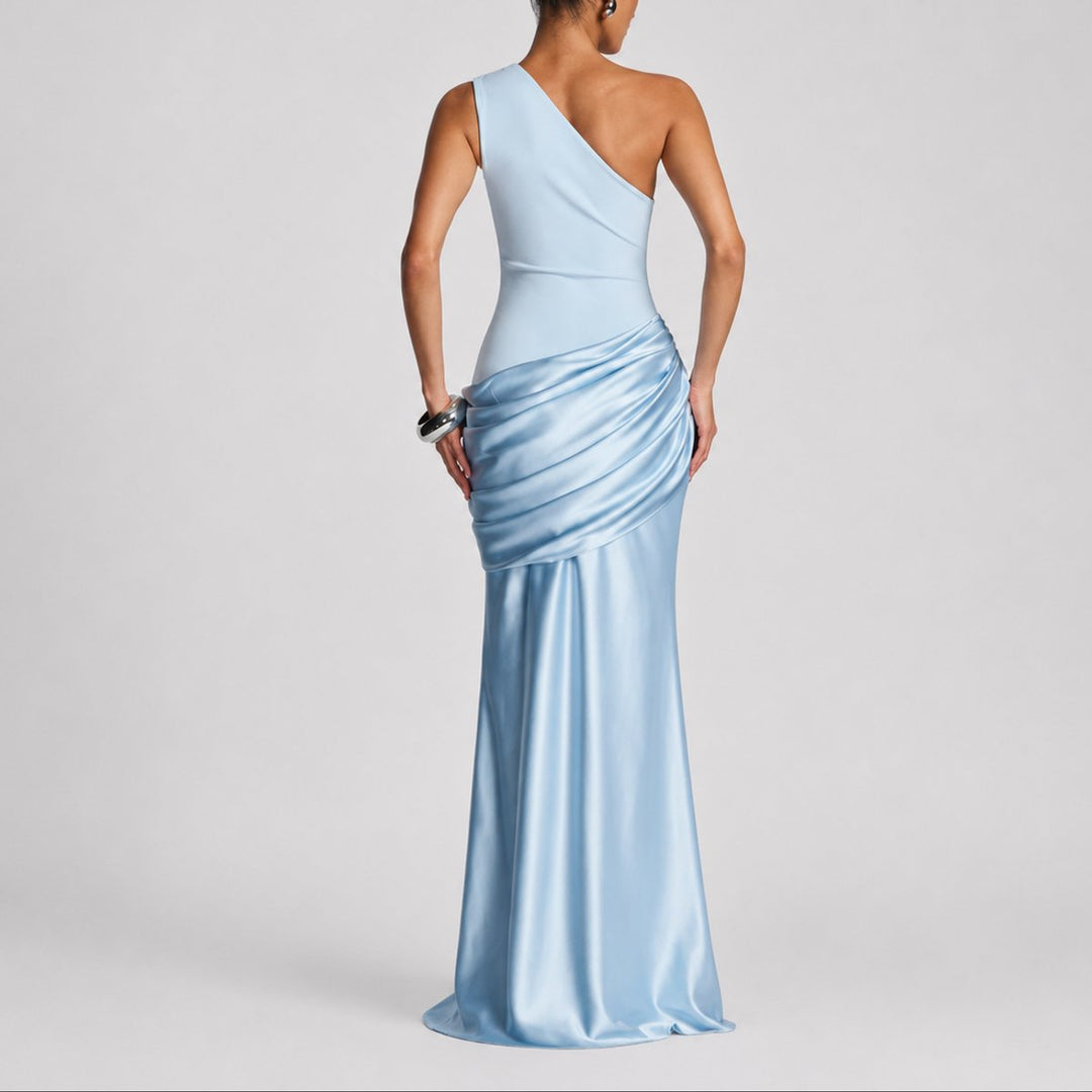 Women's One Shoulder Draped Satin Fall Wedding Guest Maxi Dress