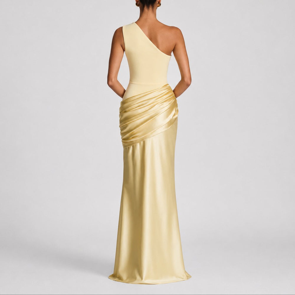 Women's One Shoulder Draped Satin Fall Wedding Guest Maxi Dress