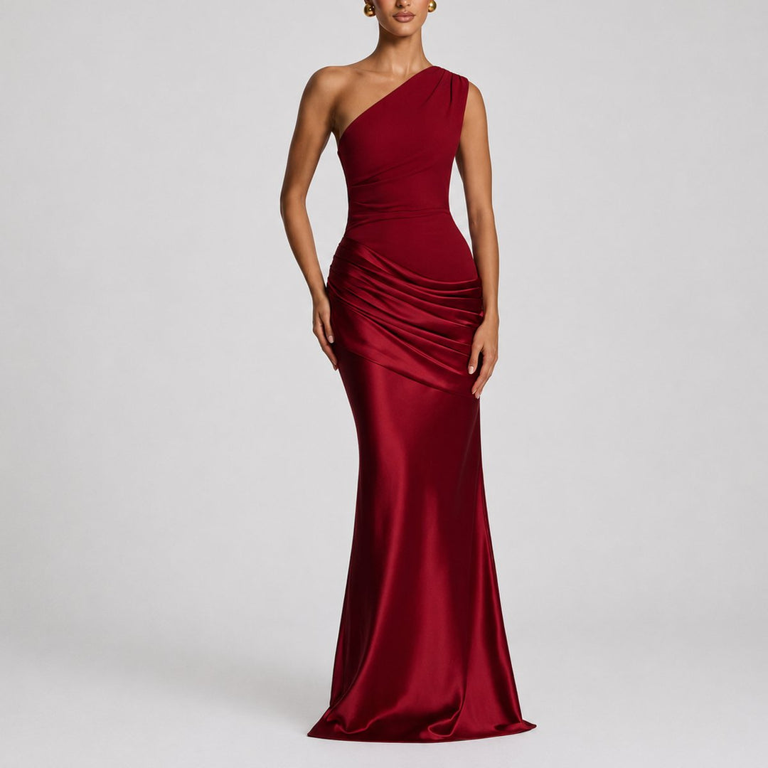 Women's One Shoulder Draped Satin Fall Wedding Guest Maxi Dress