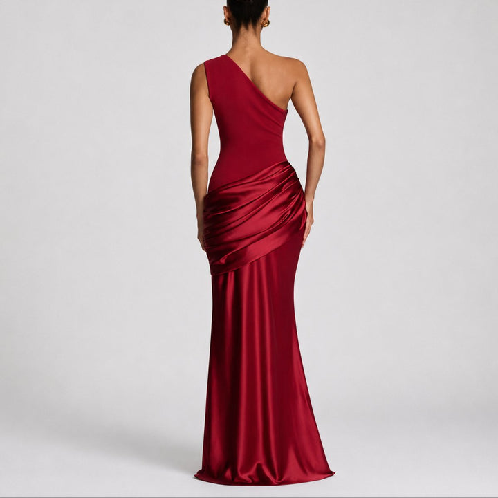 Women's One Shoulder Draped Satin Fall Wedding Guest Maxi Dress