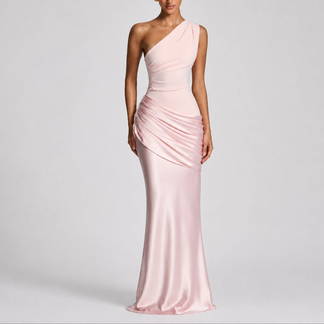Women's One Shoulder Draped Satin Fall Wedding Guest Maxi Dress - Pink