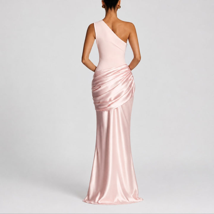 Women's One Shoulder Draped Satin Fall Wedding Guest Maxi Dress